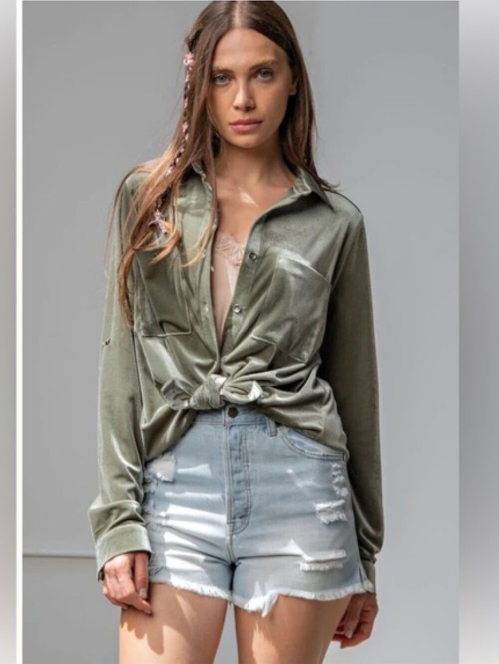 Easel Green Velvet Button Down Collared Shirt Boho Hippy Size M
